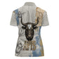 Apis Ancient Egyptian Women Polo Shirt with Beige-Gray Hieroglyphic, Ornate Bull Head, and Gold-Blue Typography - African Pride