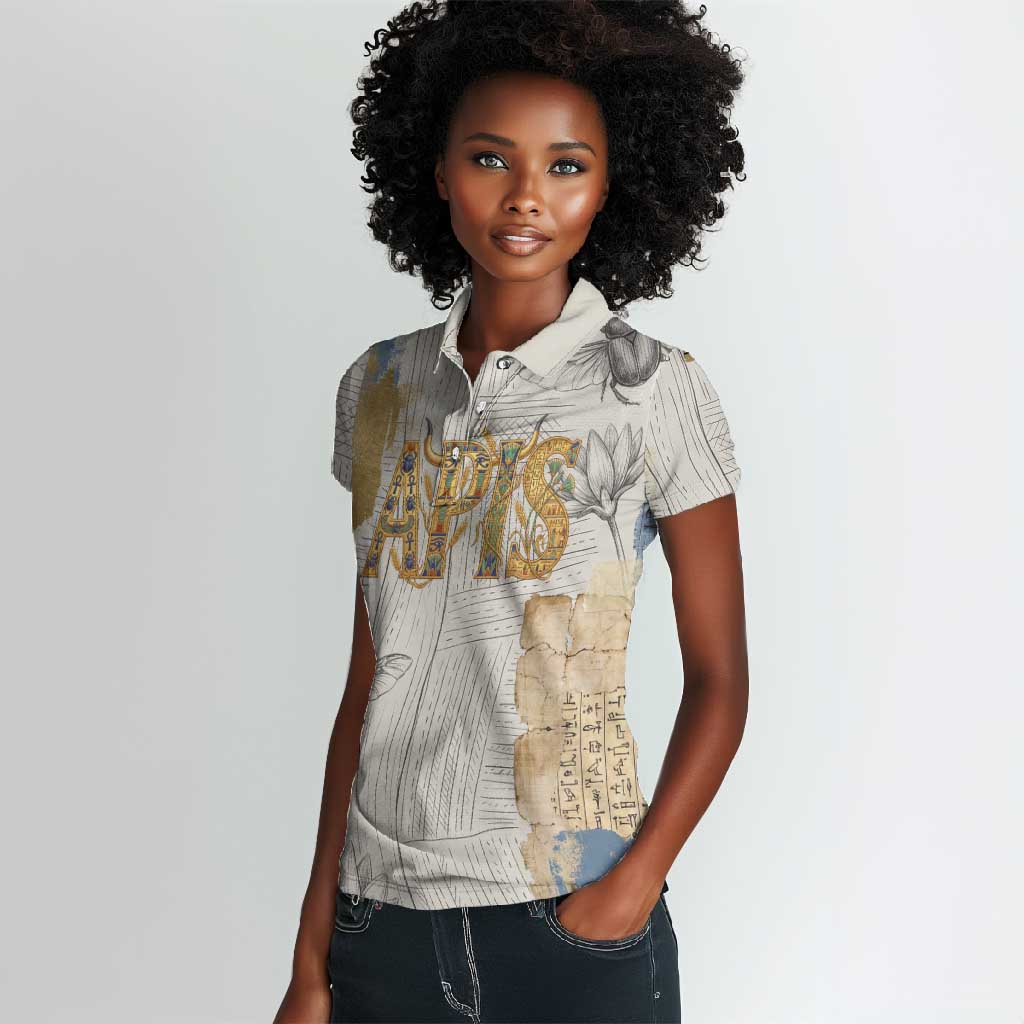 Apis Ancient Egyptian Women Polo Shirt with Beige-Gray Hieroglyphic, Ornate Bull Head, and Gold-Blue Typography - African Pride