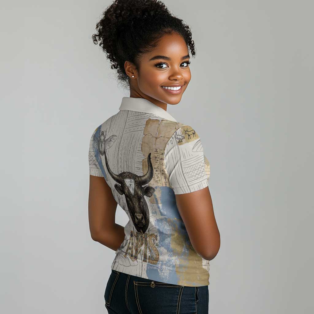 Apis Ancient Egyptian Women Polo Shirt with Beige-Gray Hieroglyphic, Ornate Bull Head, and Gold-Blue Typography - African Pride