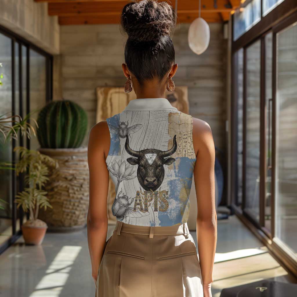 Apis Ancient Egyptian Women Sleeveless Polo Shirt with Beige-Gray Hieroglyphic, Ornate Bull Head, and Gold-Blue Typography - African Pride