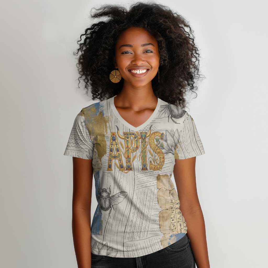 Apis Ancient Egyptian Women V-Neck T-Shirt with Beige-Gray Hieroglyphic, Ornate Bull Head, and Gold-Blue Typography - African Pride