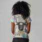 Apis Ancient Egyptian Women V-Neck T-Shirt with Beige-Gray Hieroglyphic, Ornate Bull Head, and Gold-Blue Typography - African Pride