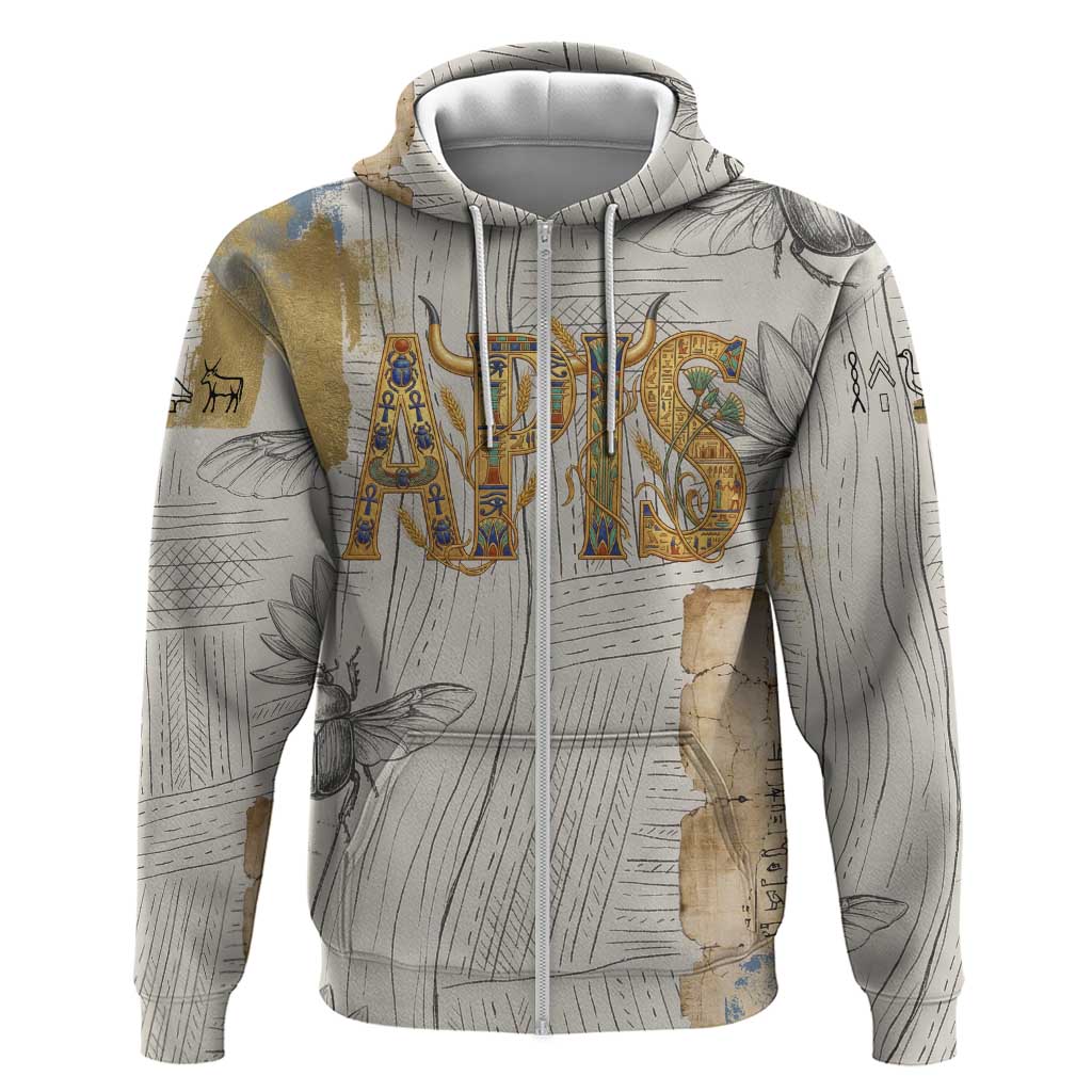 Apis Ancient Egyptian Zip Hoodie with Beige-Gray Hieroglyphic, Ornate Bull Head, and Gold-Blue Typography - African Pride