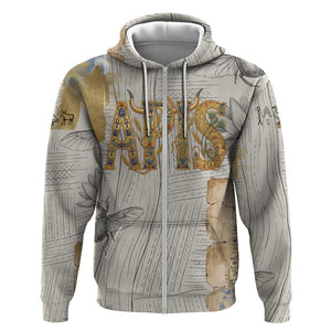 Apis Ancient Egyptian Zip Hoodie with Beige-Gray Hieroglyphic, Ornate Bull Head, and Gold-Blue Typography - African Pride