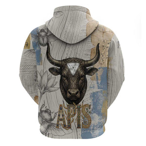 Apis Ancient Egyptian Zip Hoodie with Beige-Gray Hieroglyphic, Ornate Bull Head, and Gold-Blue Typography - African Pride