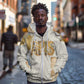 Apis Ancient Egyptian Zip Hoodie with Beige-Gray Hieroglyphic, Ornate Bull Head, and Gold-Blue Typography - African Pride