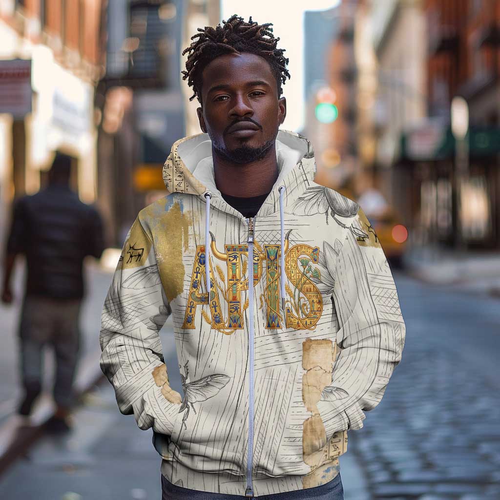 Apis Ancient Egyptian Zip Hoodie with Beige-Gray Hieroglyphic, Ornate Bull Head, and Gold-Blue Typography - African Pride