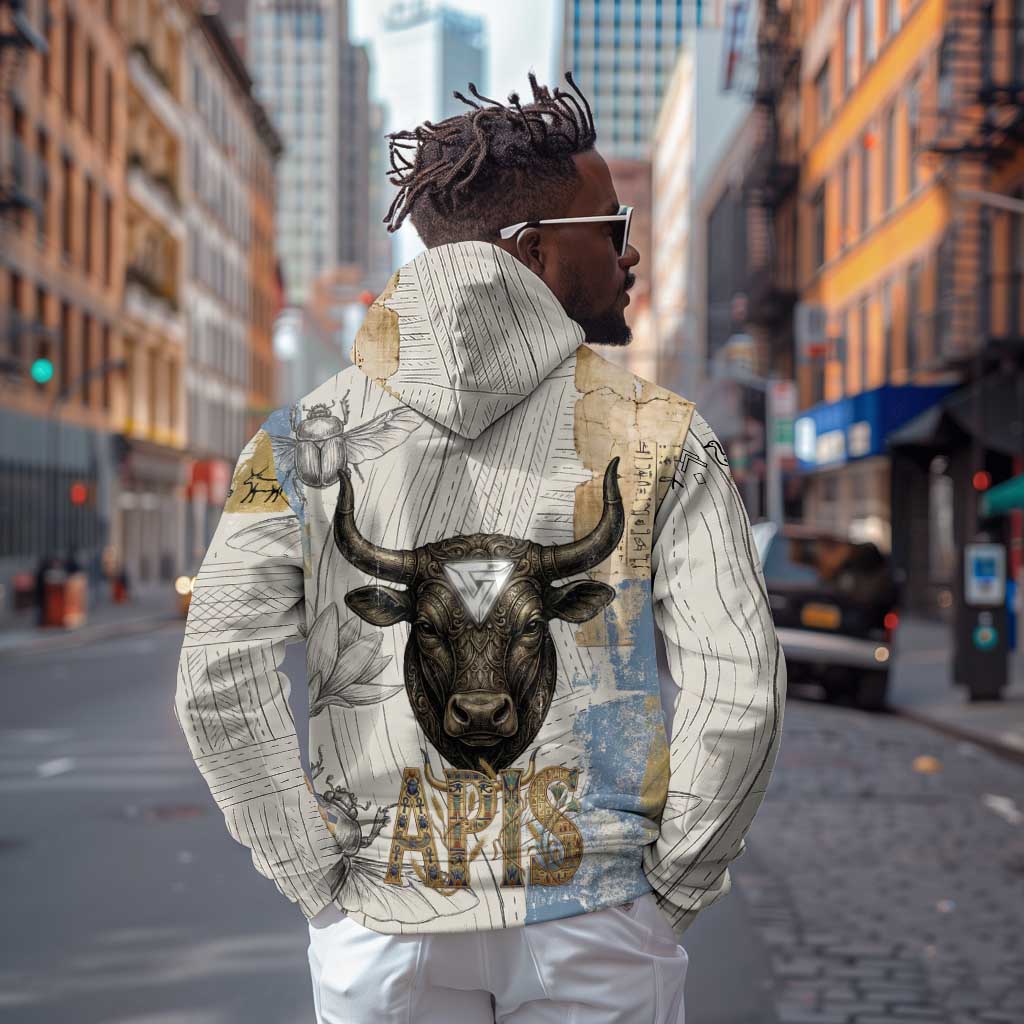 Apis Ancient Egyptian Zip Hoodie with Beige-Gray Hieroglyphic, Ornate Bull Head, and Gold-Blue Typography - African Pride