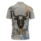 Apis Ancient Egyptian Zipper Polo Shirt with Beige-Gray Hieroglyphic, Ornate Bull Head, and Gold-Blue Typography - African Pride