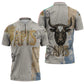 Apis Ancient Egyptian Zipper Polo Shirt with Beige-Gray Hieroglyphic, Ornate Bull Head, and Gold-Blue Typography - African Pride