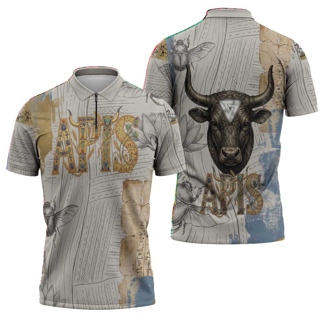 Apis Ancient Egyptian Zipper Polo Shirt with Beige-Gray Hieroglyphic, Ornate Bull Head, and Gold-Blue Typography - African Pride
