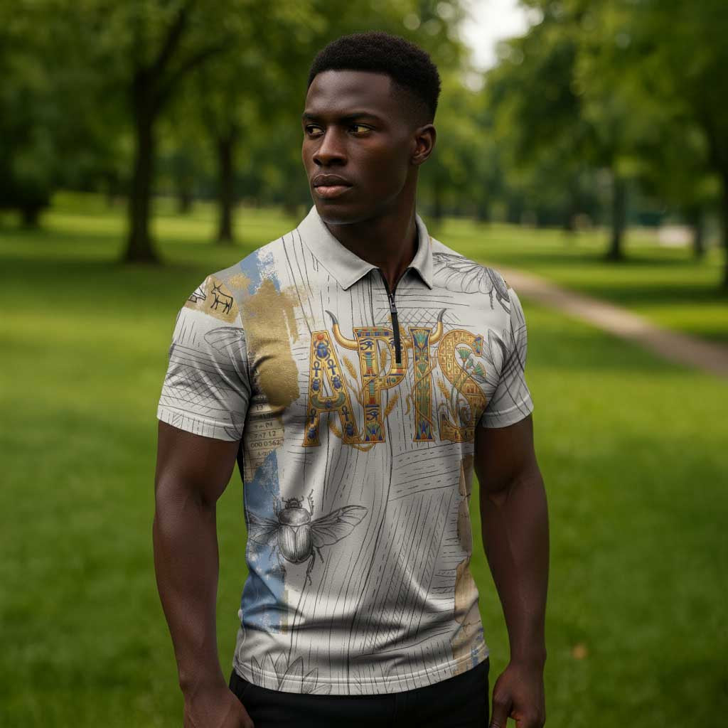 Apis Ancient Egyptian Zipper Polo Shirt with Beige-Gray Hieroglyphic, Ornate Bull Head, and Gold-Blue Typography - African Pride