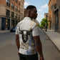 Apis Ancient Egyptian Zipper Polo Shirt with Beige-Gray Hieroglyphic, Ornate Bull Head, and Gold-Blue Typography - African Pride