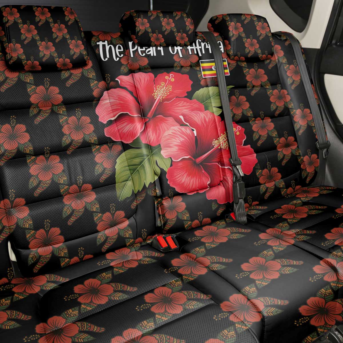 Uganda Back Car Seat Cover - Hibiscus Flower Pattern and The Pearl of Africa Text