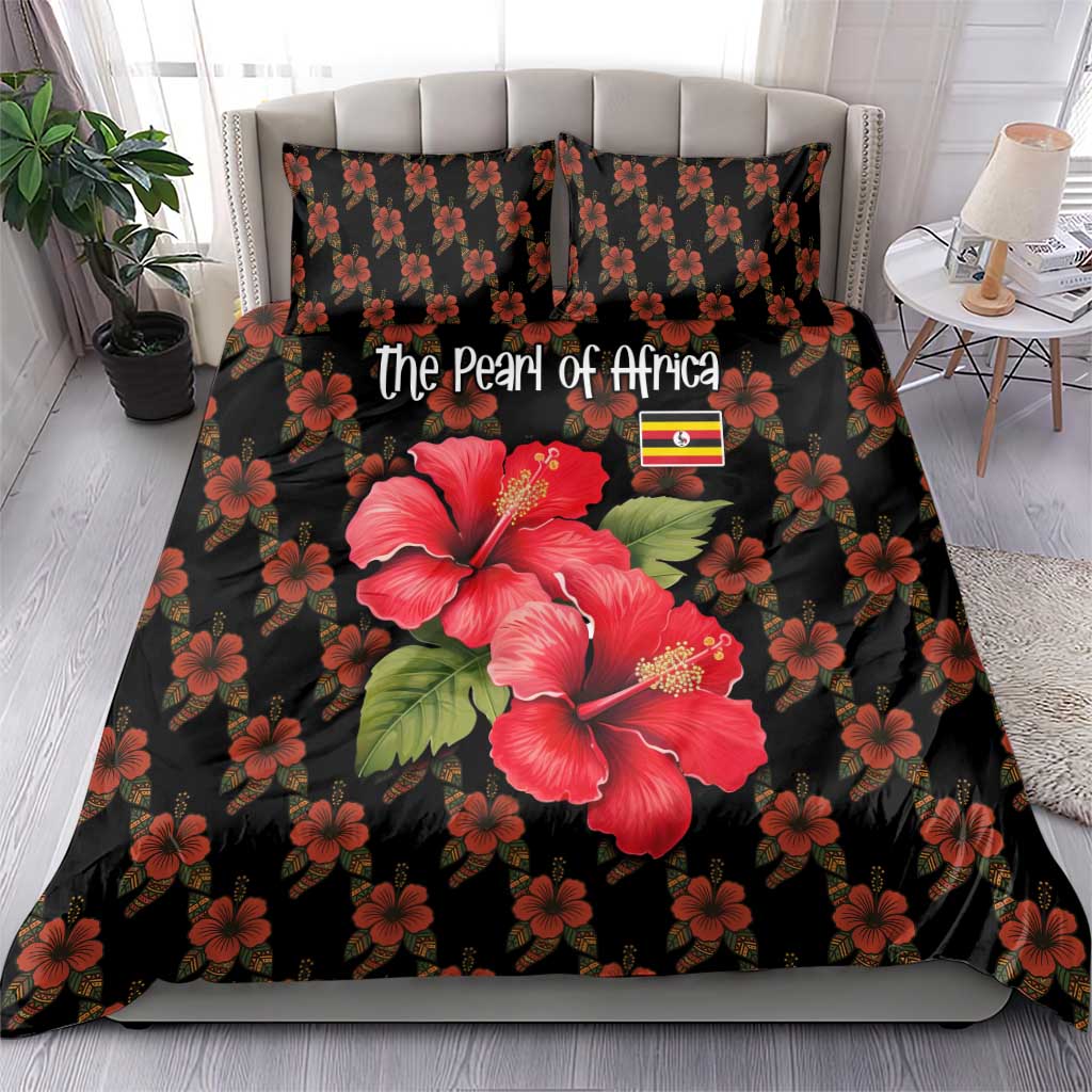 Uganda Bedding Set - Hibiscus Flower Pattern and The Pearl of Africa Text