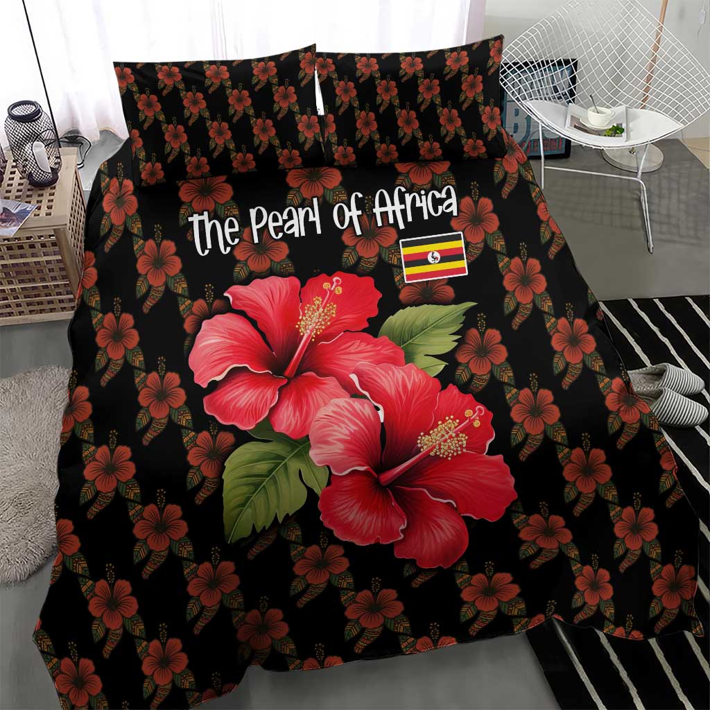 Uganda Bedding Set - Hibiscus Flower Pattern and The Pearl of Africa Text