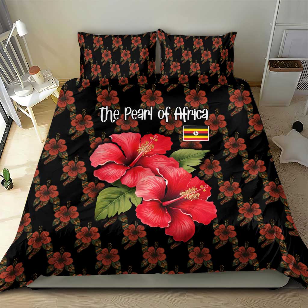 Uganda Bedding Set - Hibiscus Flower Pattern and The Pearl of Africa Text