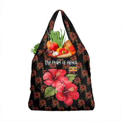 Uganda Grocery Bag - Hibiscus Flower Pattern and The Pearl of Africa Text