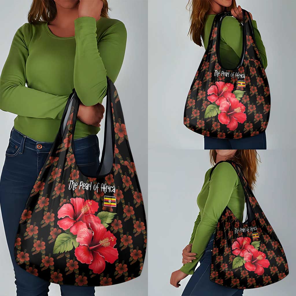 Uganda Grocery Bag - Hibiscus Flower Pattern and The Pearl of Africa Text