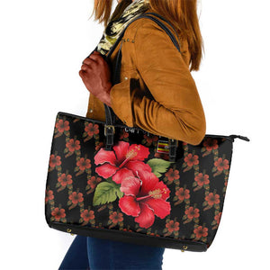 Uganda Leather Tote Bag - Hibiscus Flower Pattern and The Pearl of Africa Text