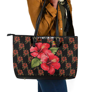 Uganda Leather Tote Bag - Hibiscus Flower Pattern and The Pearl of Africa Text