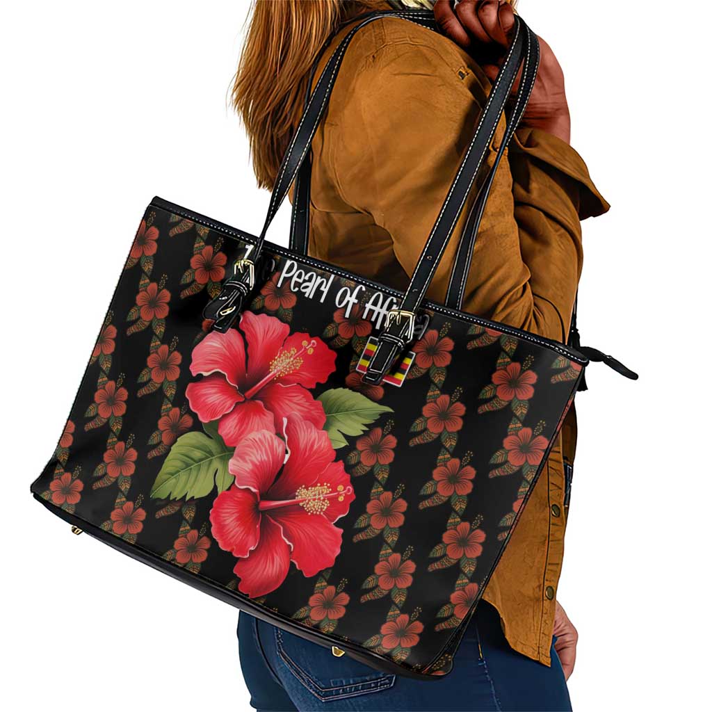 Uganda Leather Tote Bag - Hibiscus Flower Pattern and The Pearl of Africa Text