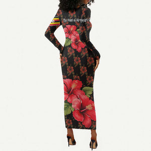 Uganda Long Sleeve Bodycon Dress - Hibiscus Flower Pattern and The Pearl of Africa Text TS04