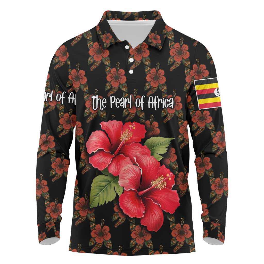 Uganda Long Sleeve Polo Shirt - Hibiscus Flower Pattern and The Pearl of Africa Text