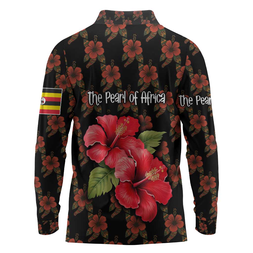 Uganda Long Sleeve Polo Shirt - Hibiscus Flower Pattern and The Pearl of Africa Text