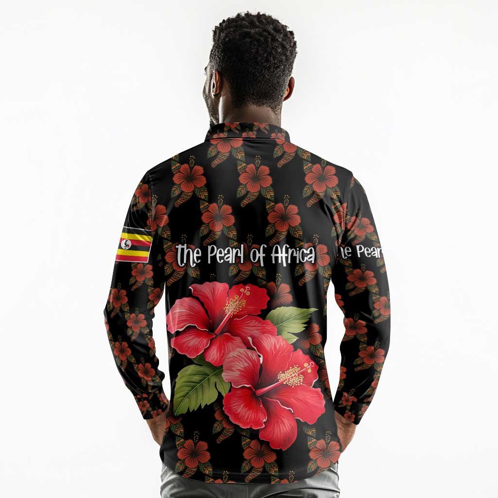 Uganda Long Sleeve Polo Shirt - Hibiscus Flower Pattern and The Pearl of Africa Text