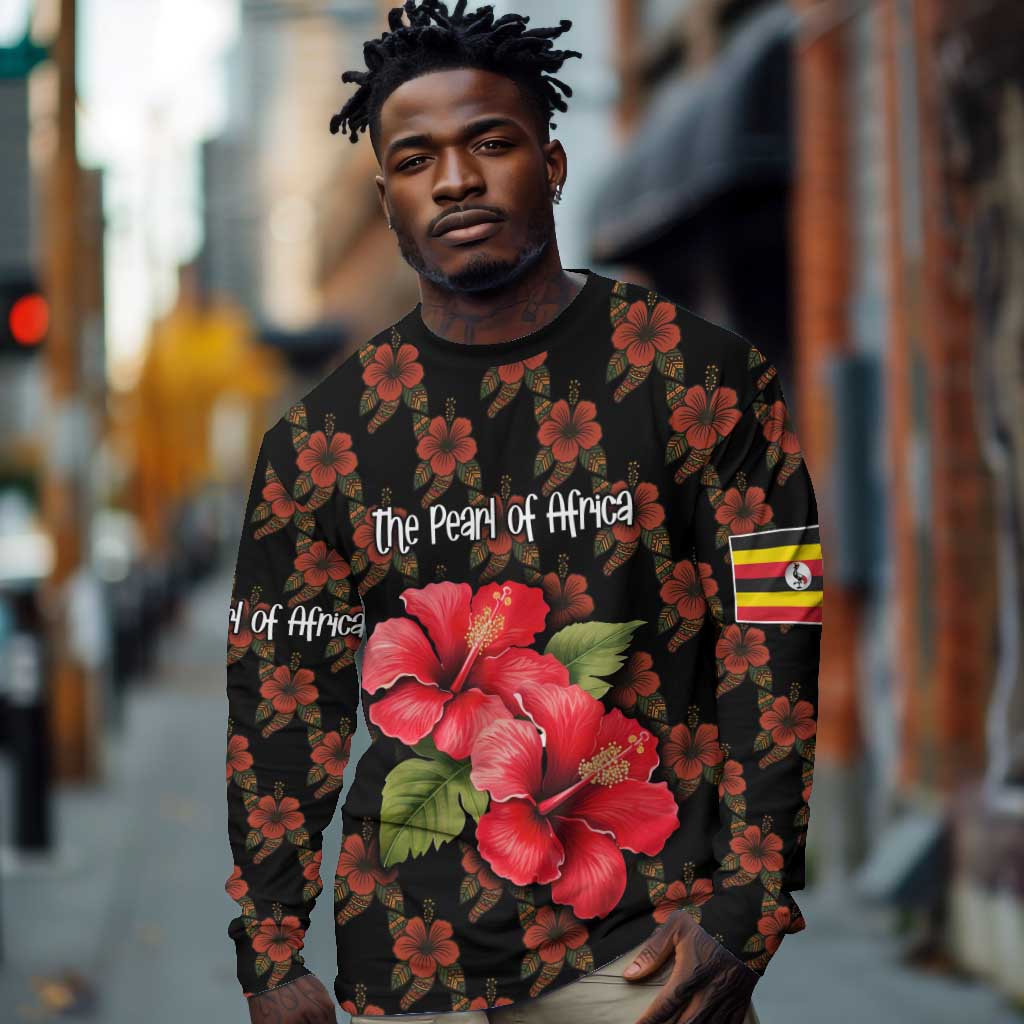 Uganda Long Sleeve Shirt - Hibiscus Flower Pattern and The Pearl of Africa Text