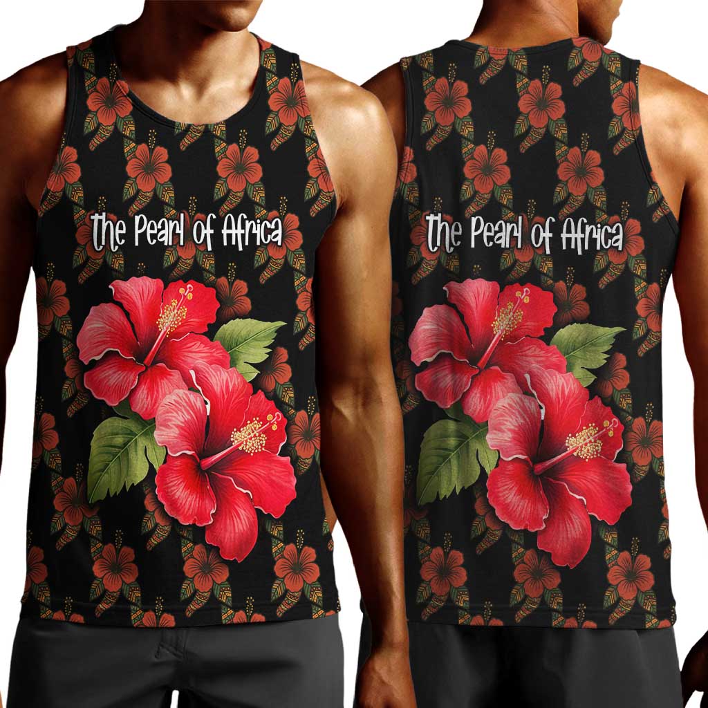 Uganda Men Tank Top - Hibiscus Flower Pattern and The Pearl of Africa Text