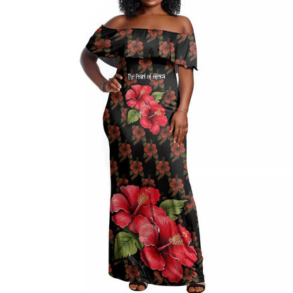 Uganda Off Shoulder Maxi Dress - Hibiscus Flower Pattern and The Pearl of Africa Text