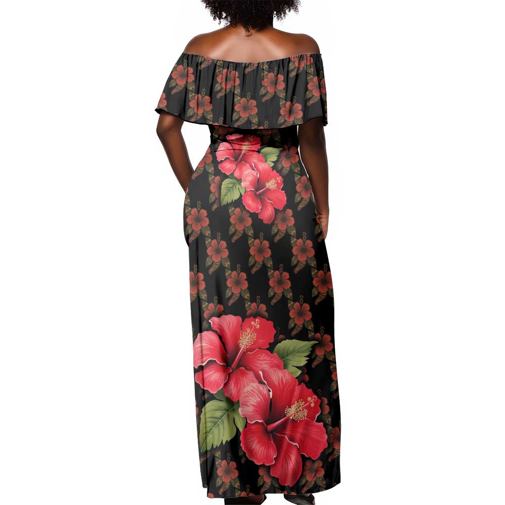 Uganda Off Shoulder Maxi Dress - Hibiscus Flower Pattern and The Pearl of Africa Text