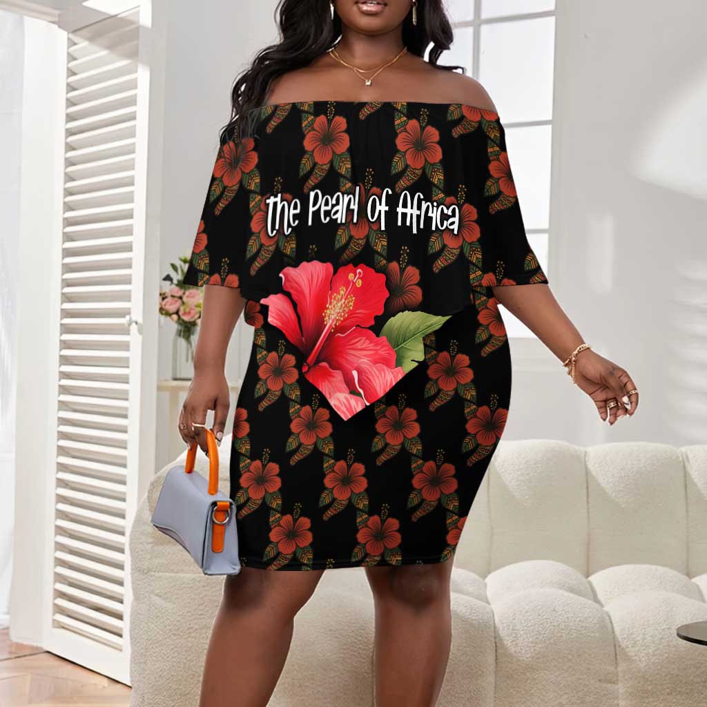 Uganda Off Shoulder Short Dress - Hibiscus Flower Pattern and The Pearl of Africa Text