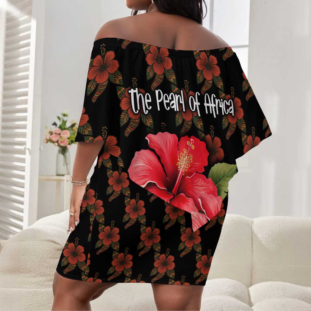 Uganda Off Shoulder Short Dress - Hibiscus Flower Pattern and The Pearl of Africa Text
