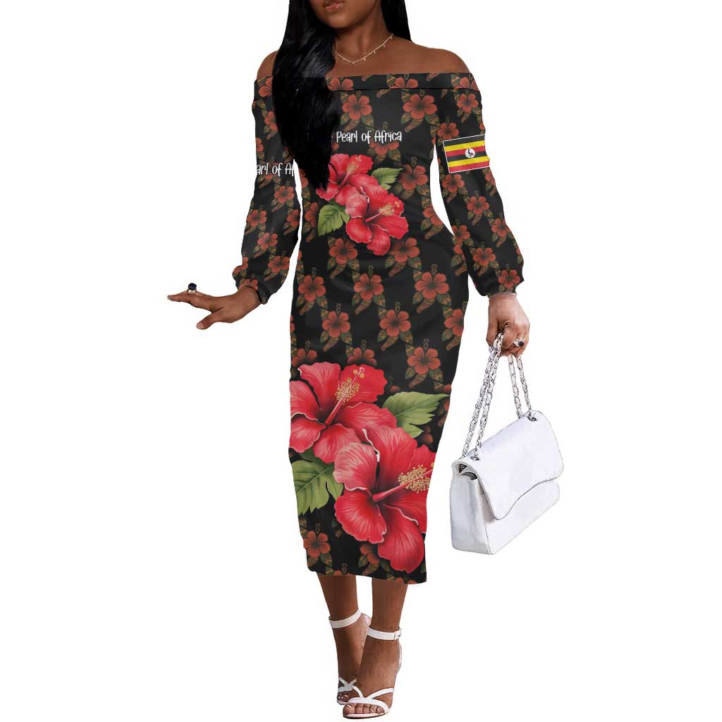 Uganda Off The Shoulder Long Sleeve Dress - Hibiscus Flower Pattern and The Pearl of Africa Text