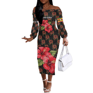 Uganda Off The Shoulder Long Sleeve Dress - Hibiscus Flower Pattern and The Pearl of Africa Text