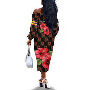 Uganda Off The Shoulder Long Sleeve Dress - Hibiscus Flower Pattern and The Pearl of Africa Text