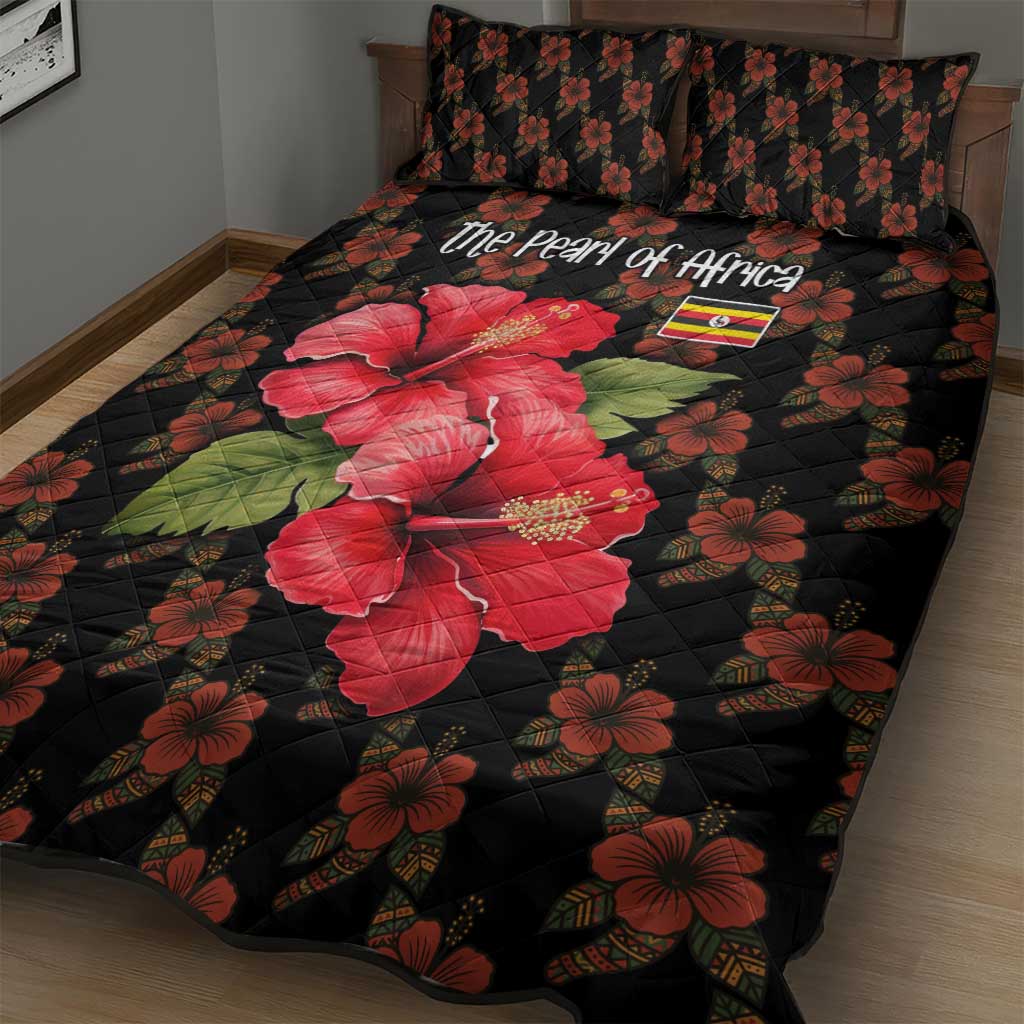 Uganda Quilt Bed Set - Hibiscus Flower Pattern and The Pearl of Africa Text