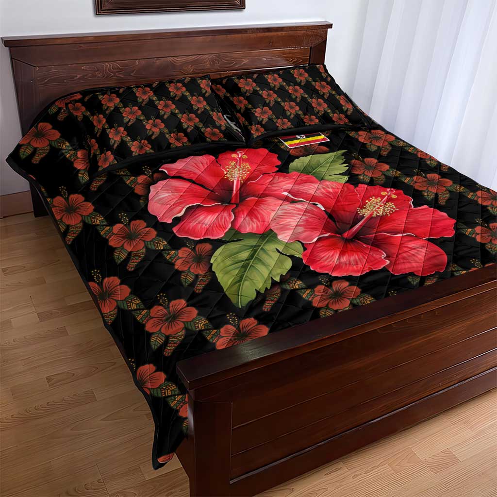 Uganda Quilt Bed Set - Hibiscus Flower Pattern and The Pearl of Africa Text