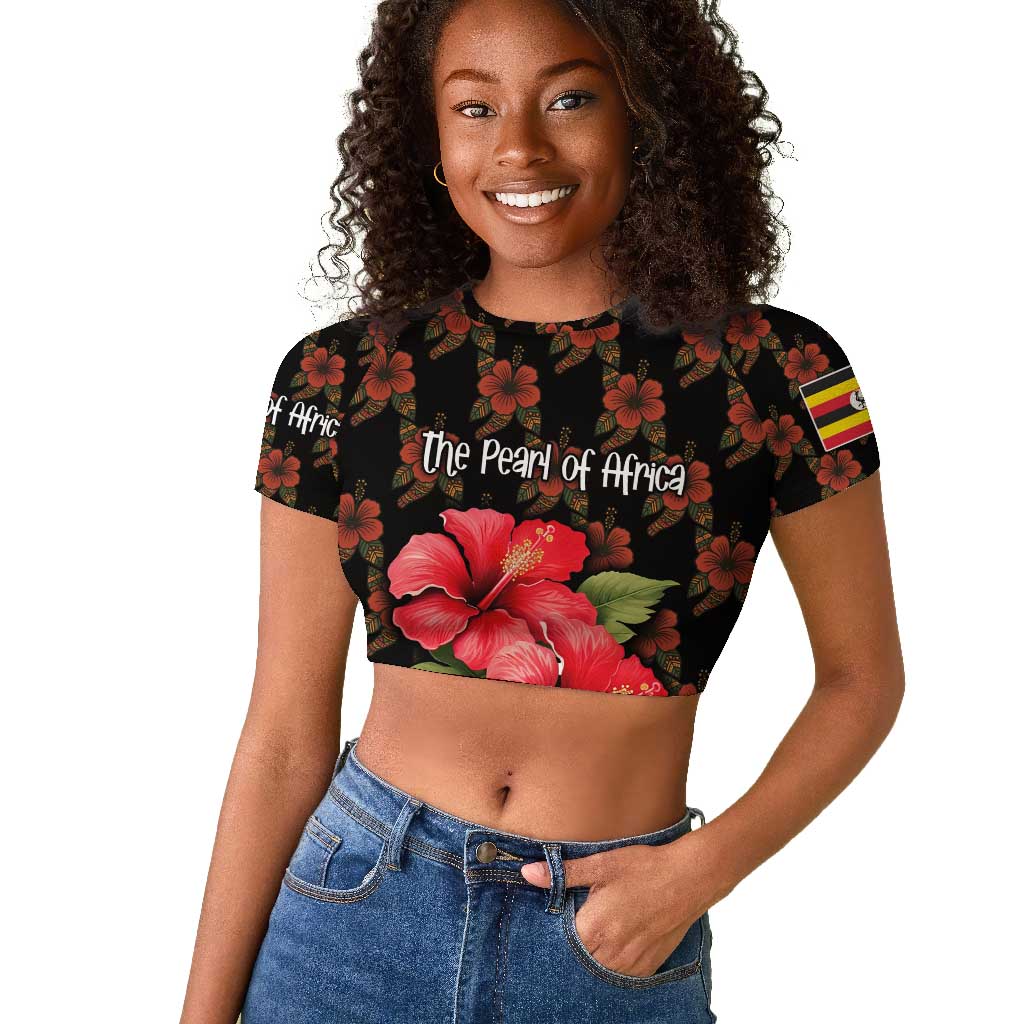 Uganda Raglan Cropped T shirt - Hibiscus Flower Pattern and The Pearl of Africa Text