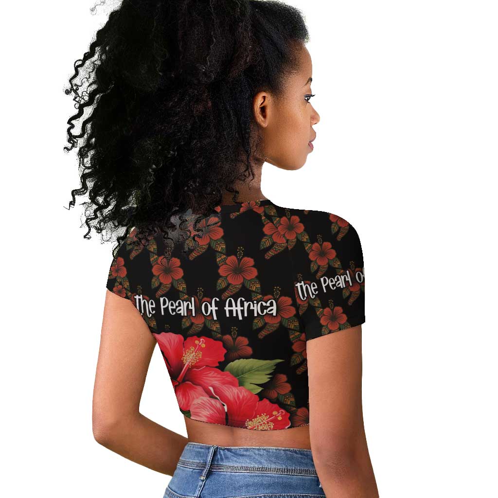 Uganda Raglan Cropped T shirt - Hibiscus Flower Pattern and The Pearl of Africa Text