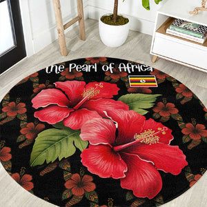 Uganda Round Carpet - Hibiscus Flower Pattern and The Pearl of Africa Text