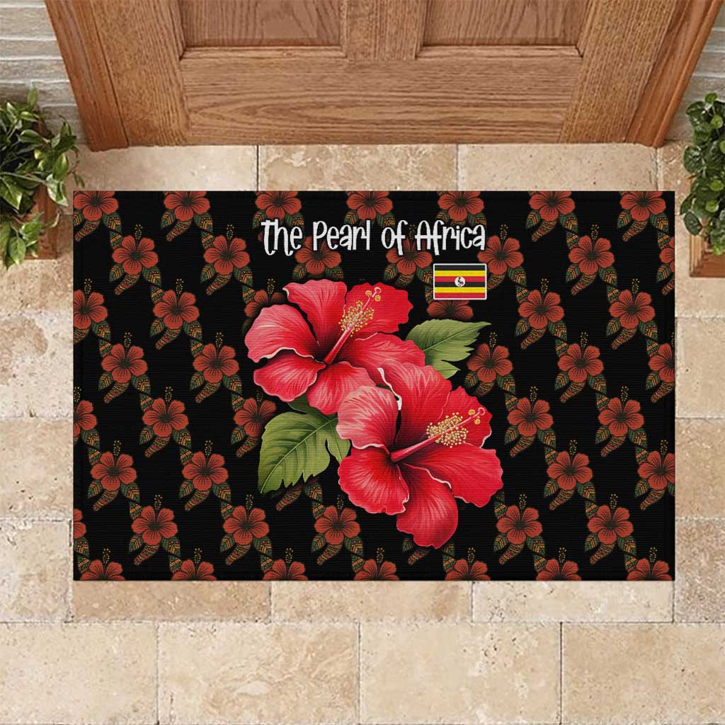 Uganda Rubber Doormat - Hibiscus Flower Pattern and The Pearl of Africa Text