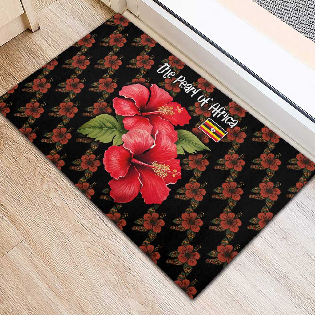 Uganda Rubber Doormat - Hibiscus Flower Pattern and The Pearl of Africa Text