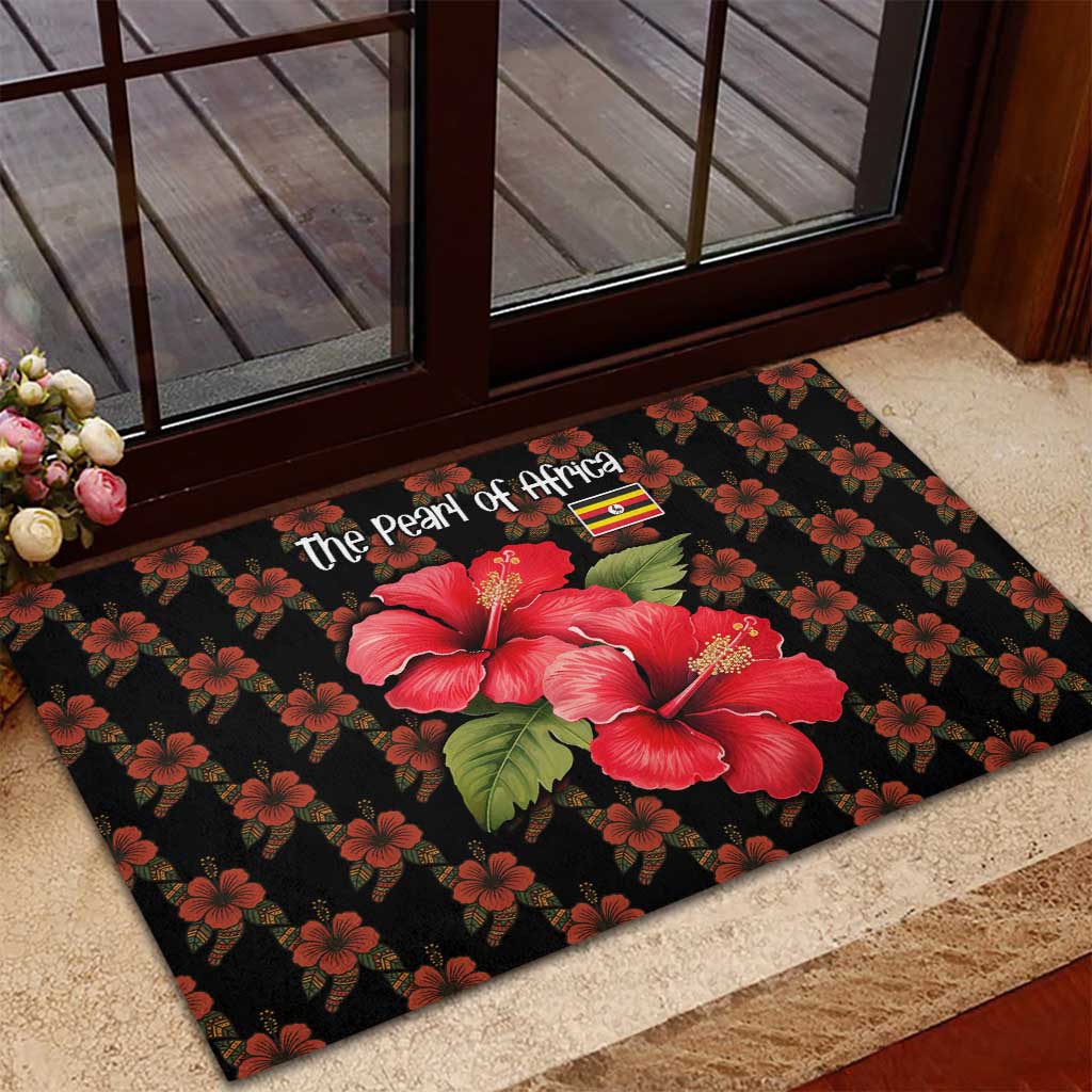 Uganda Rubber Doormat - Hibiscus Flower Pattern and The Pearl of Africa Text