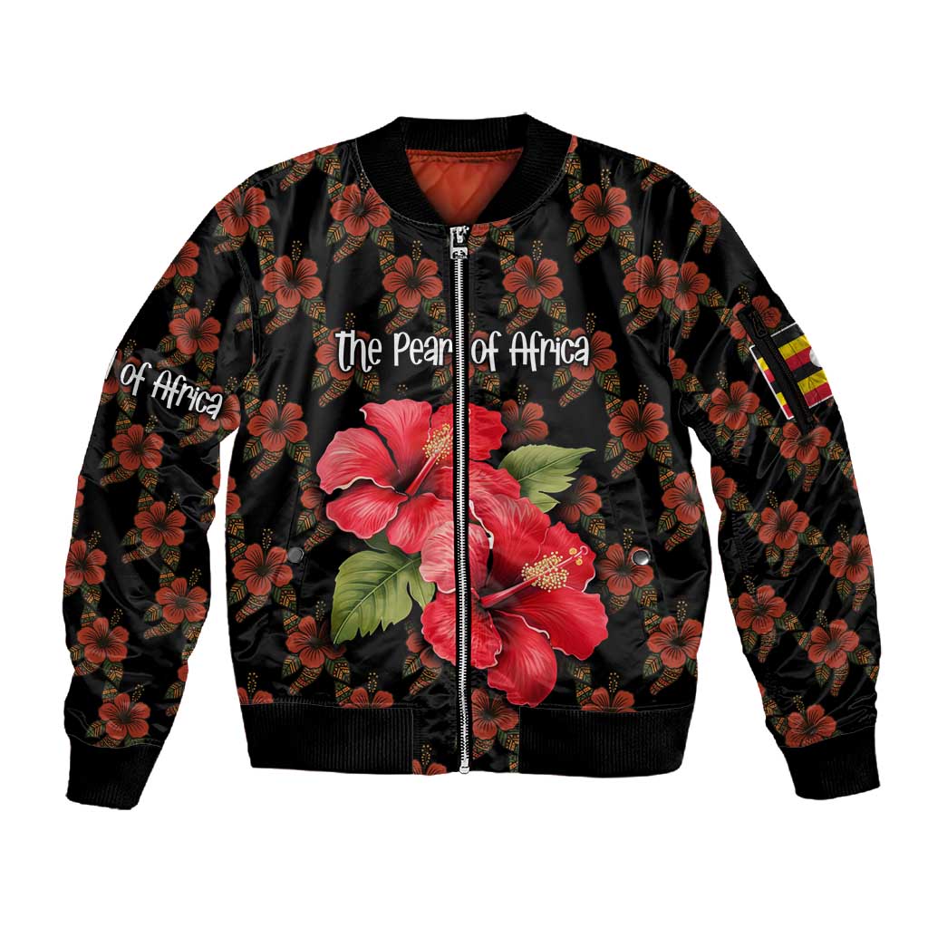 Uganda Sleeve Zip Bomber Jacket - Hibiscus Flower Pattern and The Pearl of Africa Text