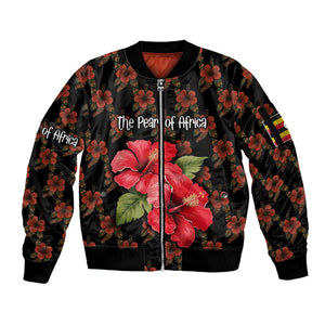 Uganda Sleeve Zip Bomber Jacket - Hibiscus Flower Pattern and The Pearl of Africa Text