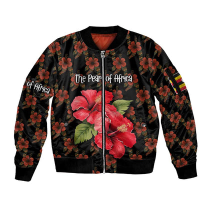 Uganda Sleeve Zip Bomber Jacket - Hibiscus Flower Pattern and The Pearl of Africa Text